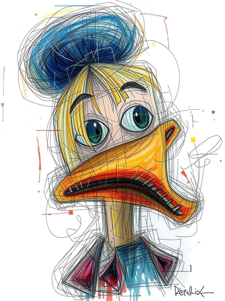 Scribble art cubist facets, oblong faces, diamond-shaped bod...