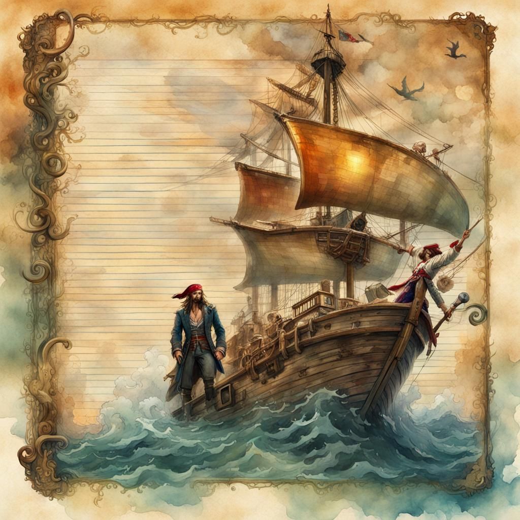 Pirate Ship on Journal Page in Vintage Watercolor Style