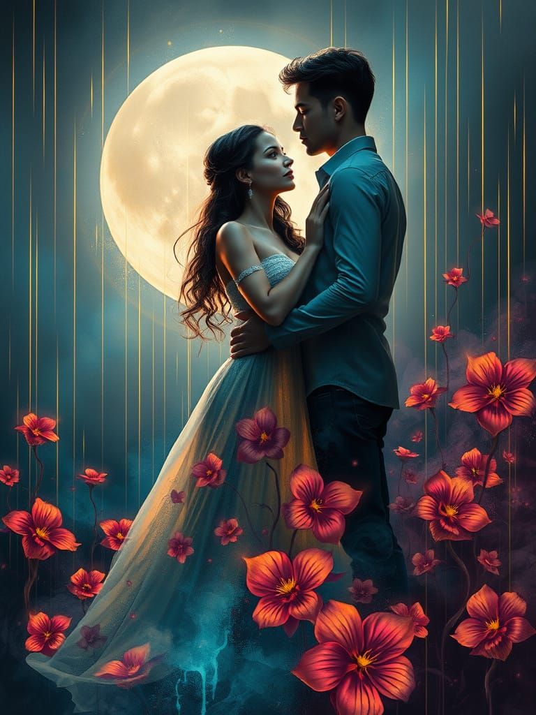 A young couple standing in moonlit field