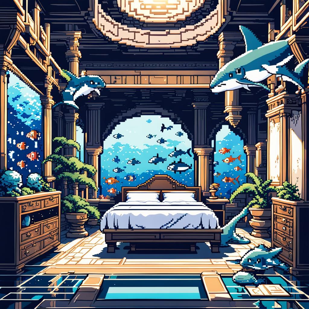8-bit Pixel Bedroom in Atlantis with Marine Life