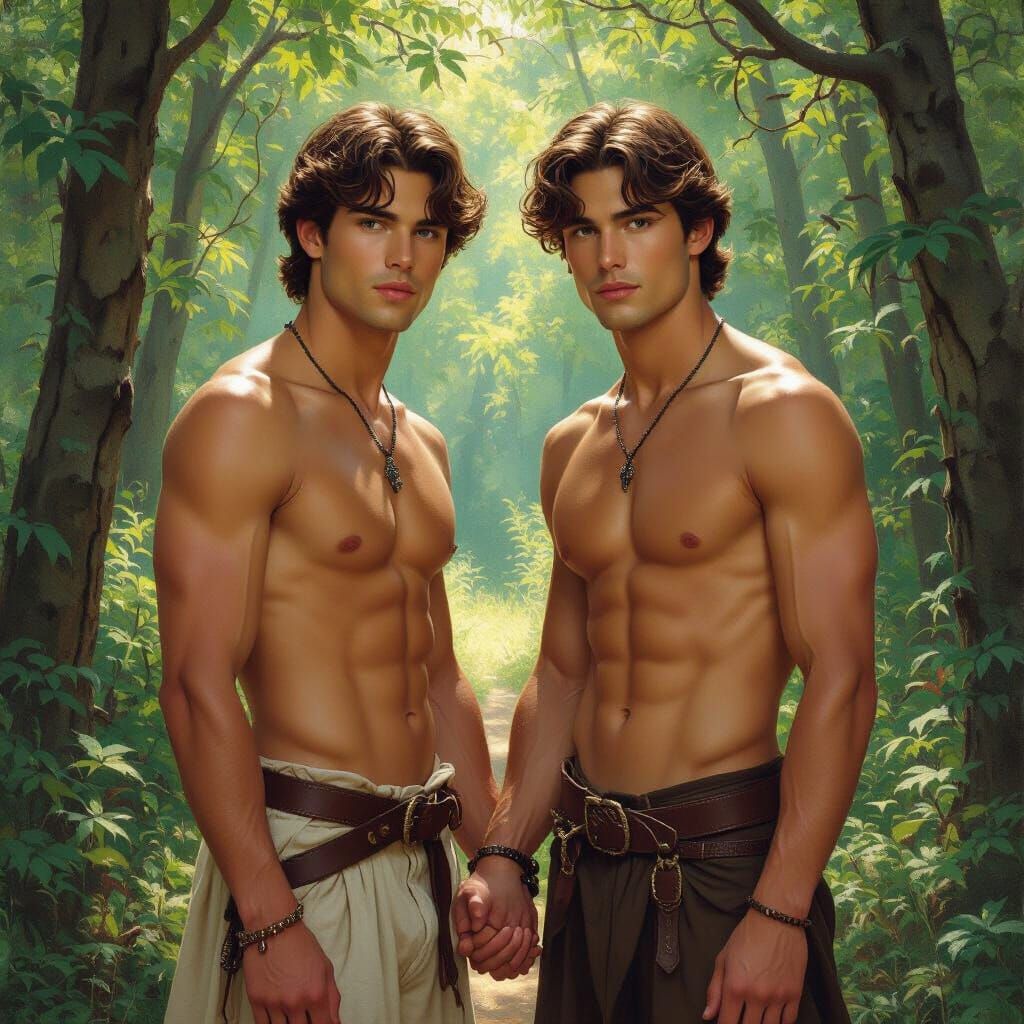 Young Men Holding Hands in Forest, Blending Art Styles