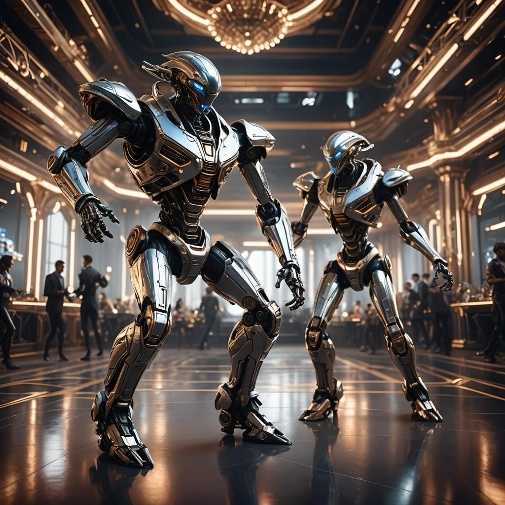 Glamorous aliens ballroom dancing intricate mech details, gr...