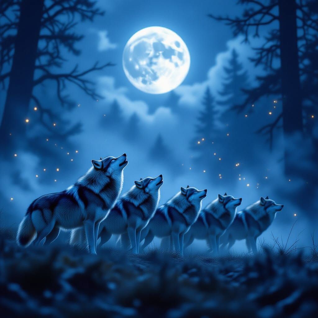 Silver Wolves Howling Under a Misty Moon