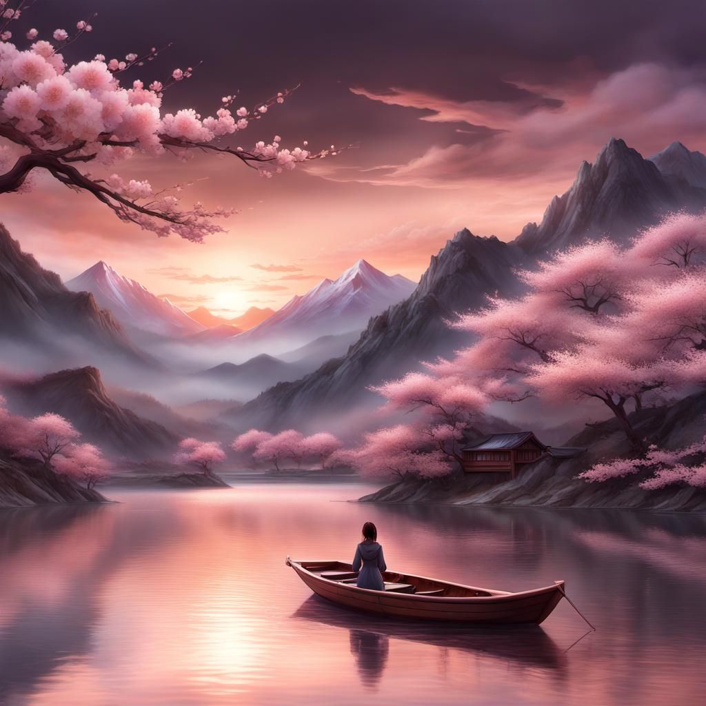 Rose Gold Sunset with Cherry Blossoms: 3D Anime Art