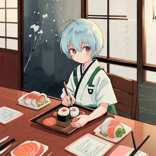 Rei Ayanami Eating Sushi in Manga Style