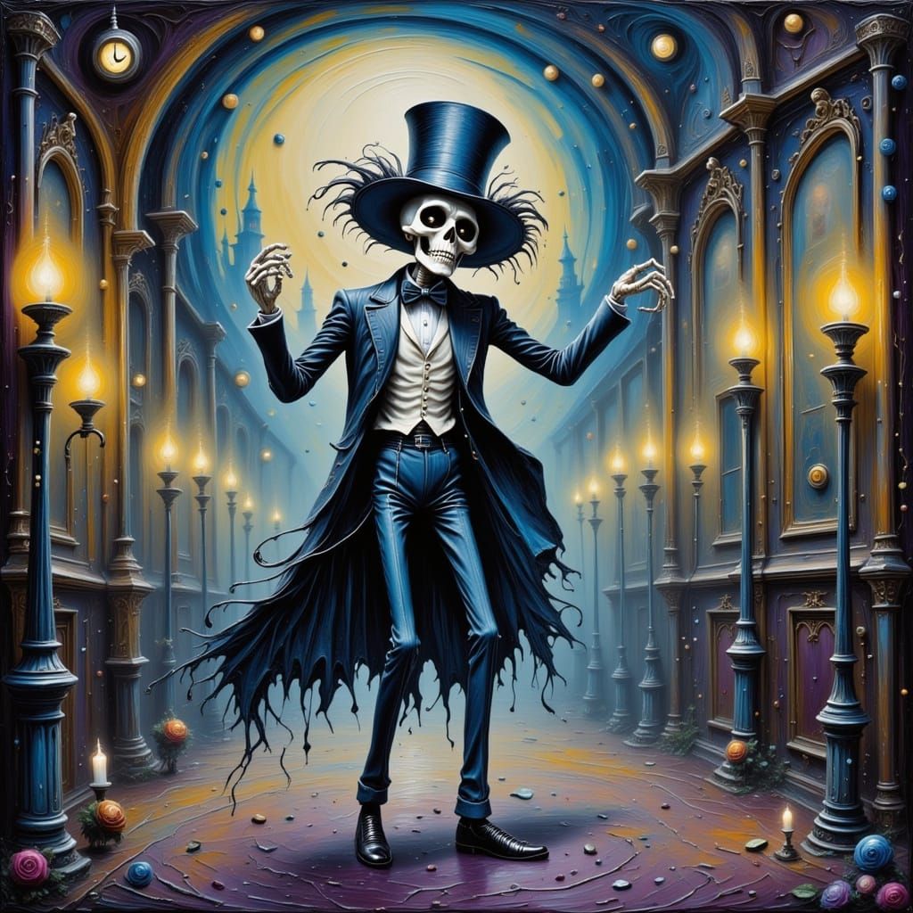 Skeleton Dancing in Grand Victorian Ballroom Oil Painting