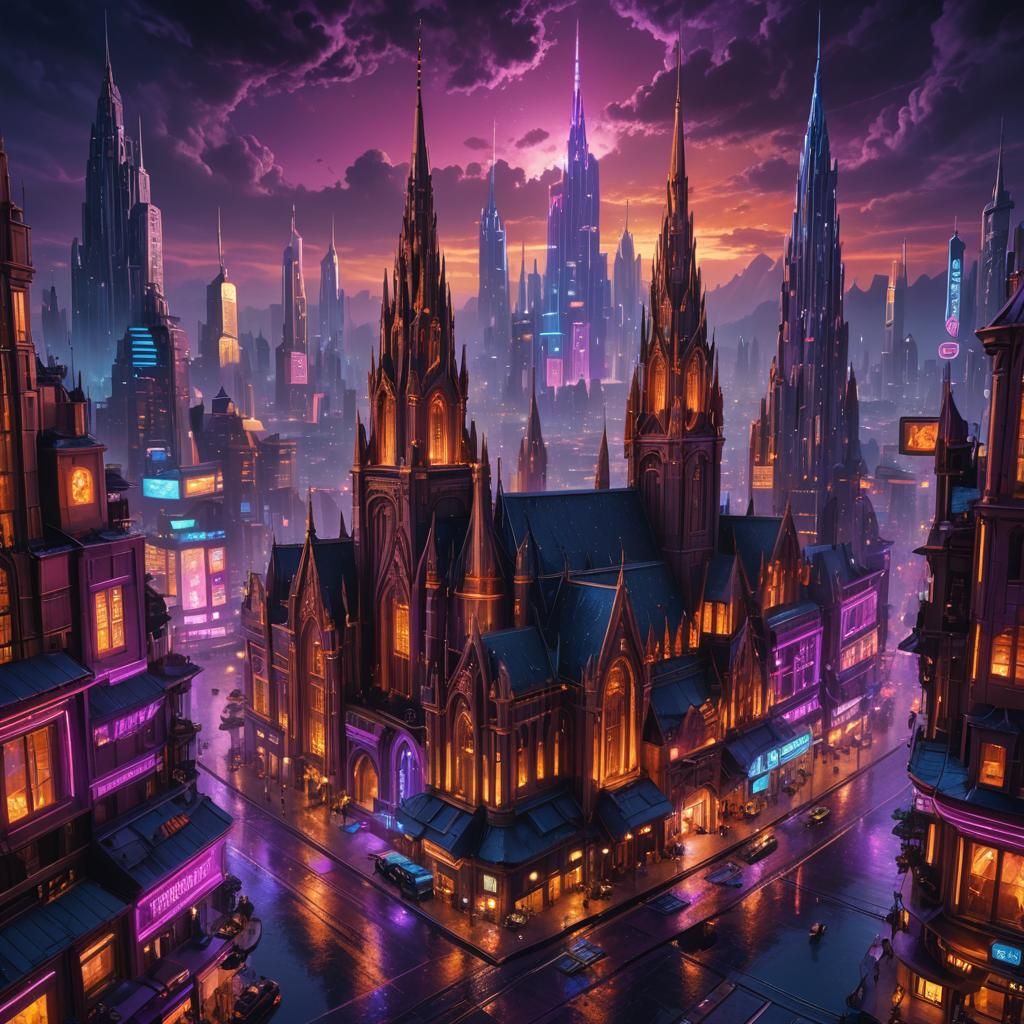 Futuristic Cityscape with Neon Lights in Fantasy Art