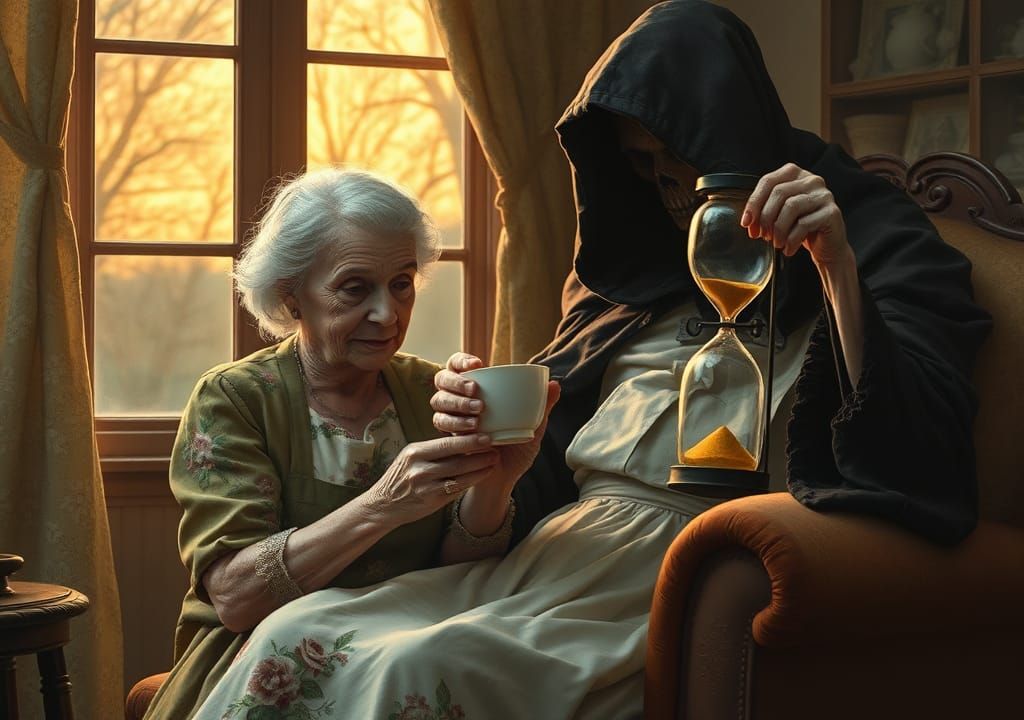 The Grim Reaper stands behind an old lady. He holds a nearly finished hourglass as the lady finishes her tea.