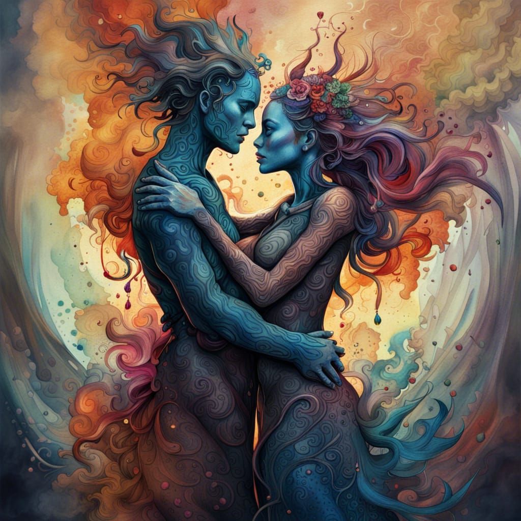 Loving Couple's Heartfelt Embrace: Inkblot Oil Painting