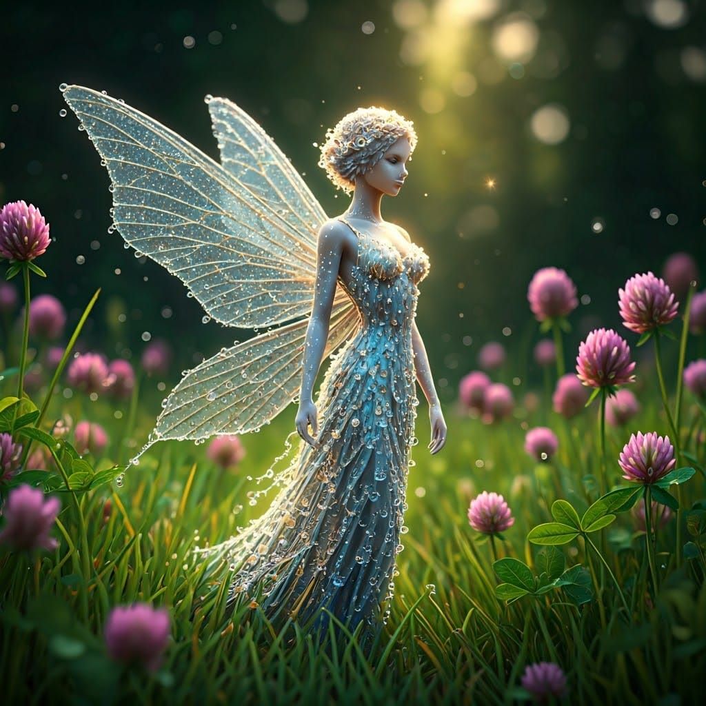 Iridescent Raindrop Fairy in Sunlit Meadow