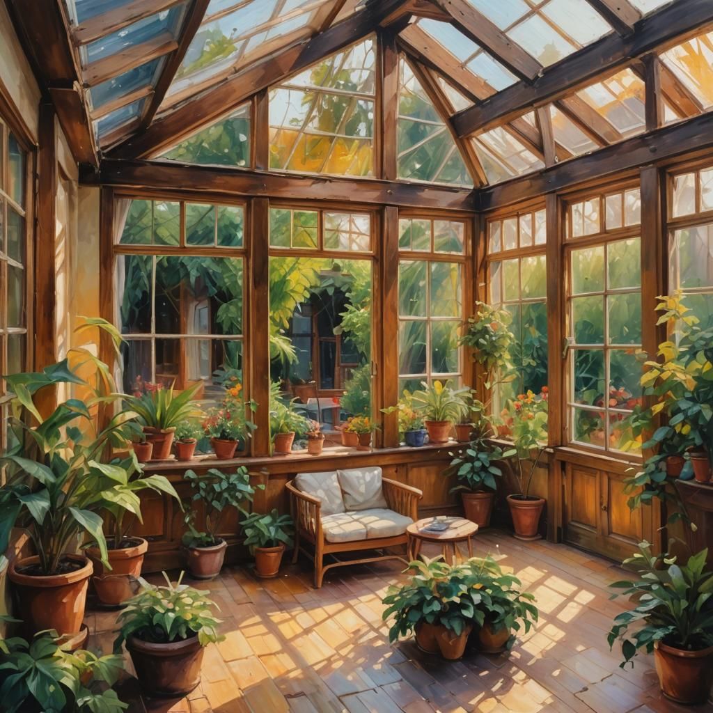 Wood House in Conservatory: A Triadic Oil Painting