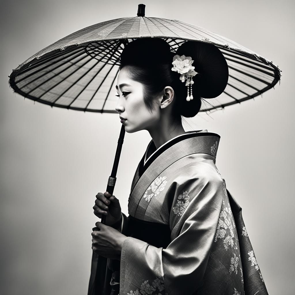 Geisha with Parasol in Grey Tones