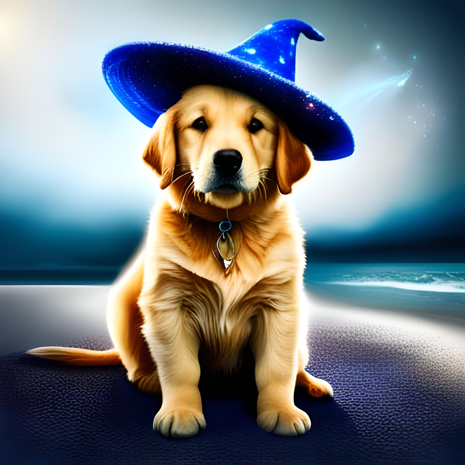 Golden Retriever Puppy Wizard on Galaxy Beach