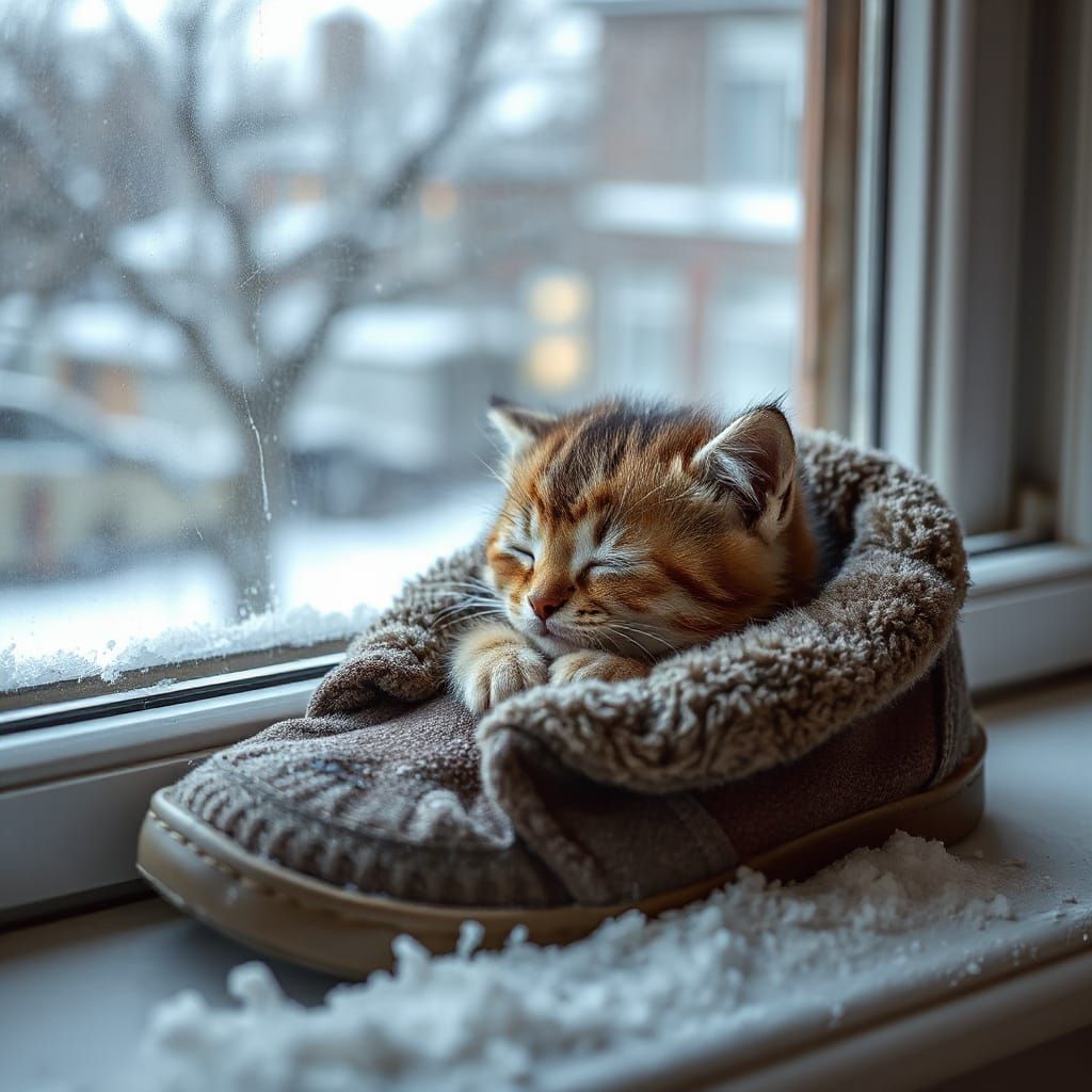 Cozy Kitten Napping in Valenki Boots, Winter Scene