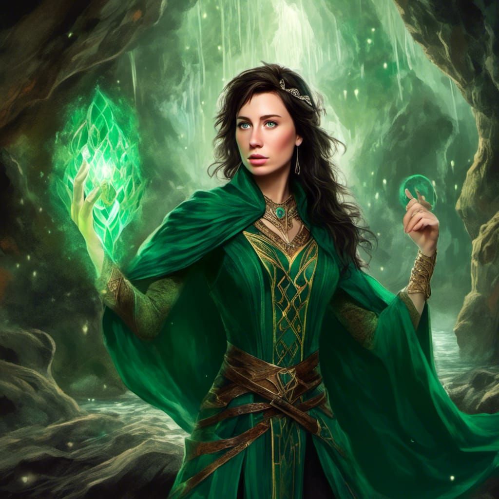 Elven Ranger in Crystalline Cavern with Glowing Runes