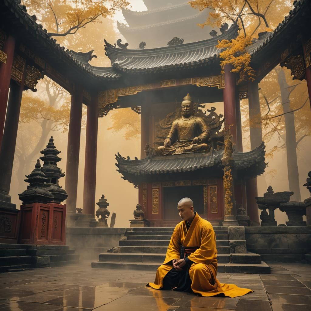 Shaolin Monk and Yellow Emperor in Ancient Temple