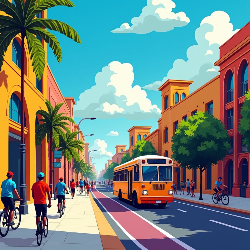 Lively City Street Scene in Cubist Art Deco Style