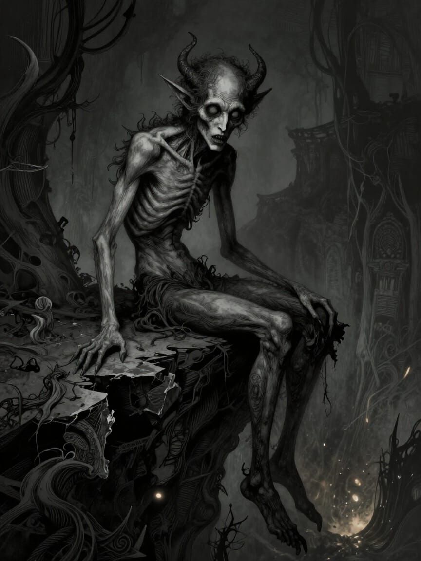 Gaunt Demon on Precipice of Madness in Gothic Art Nouveau St...