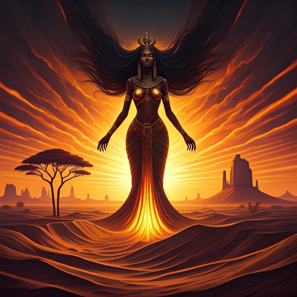 Egyptian Goddess of Fire in Desert Oasis, Surreal Art