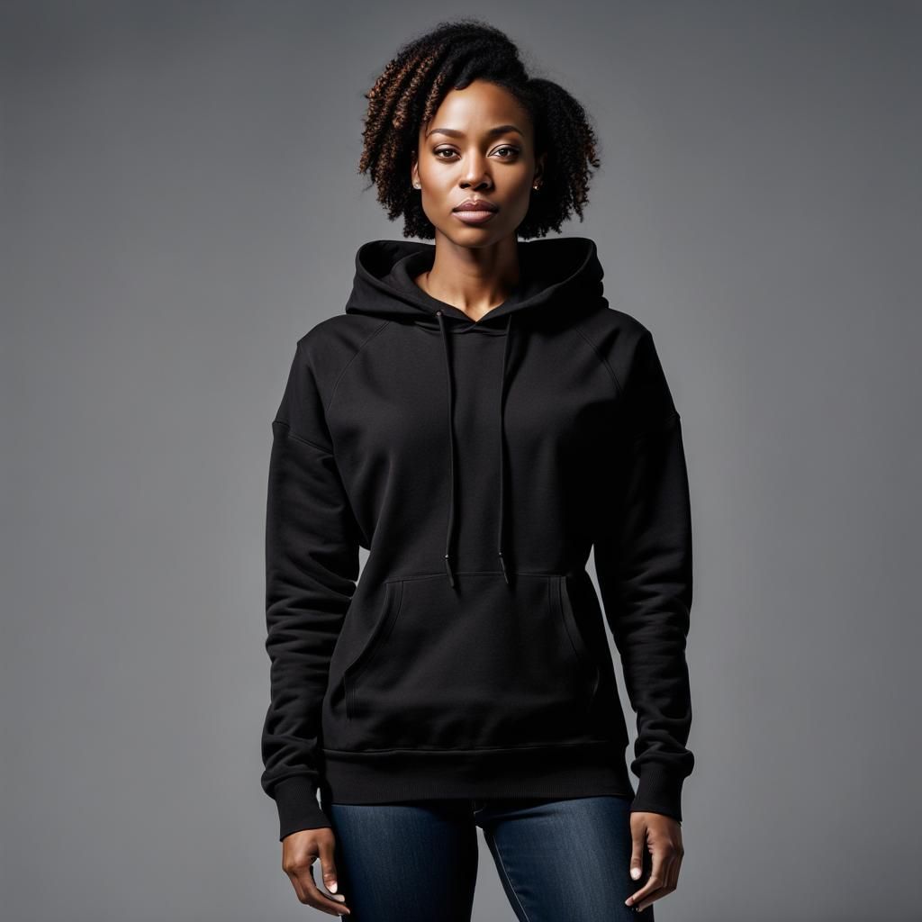 Photorealistic Portrait of a Woman in Black Hoodie