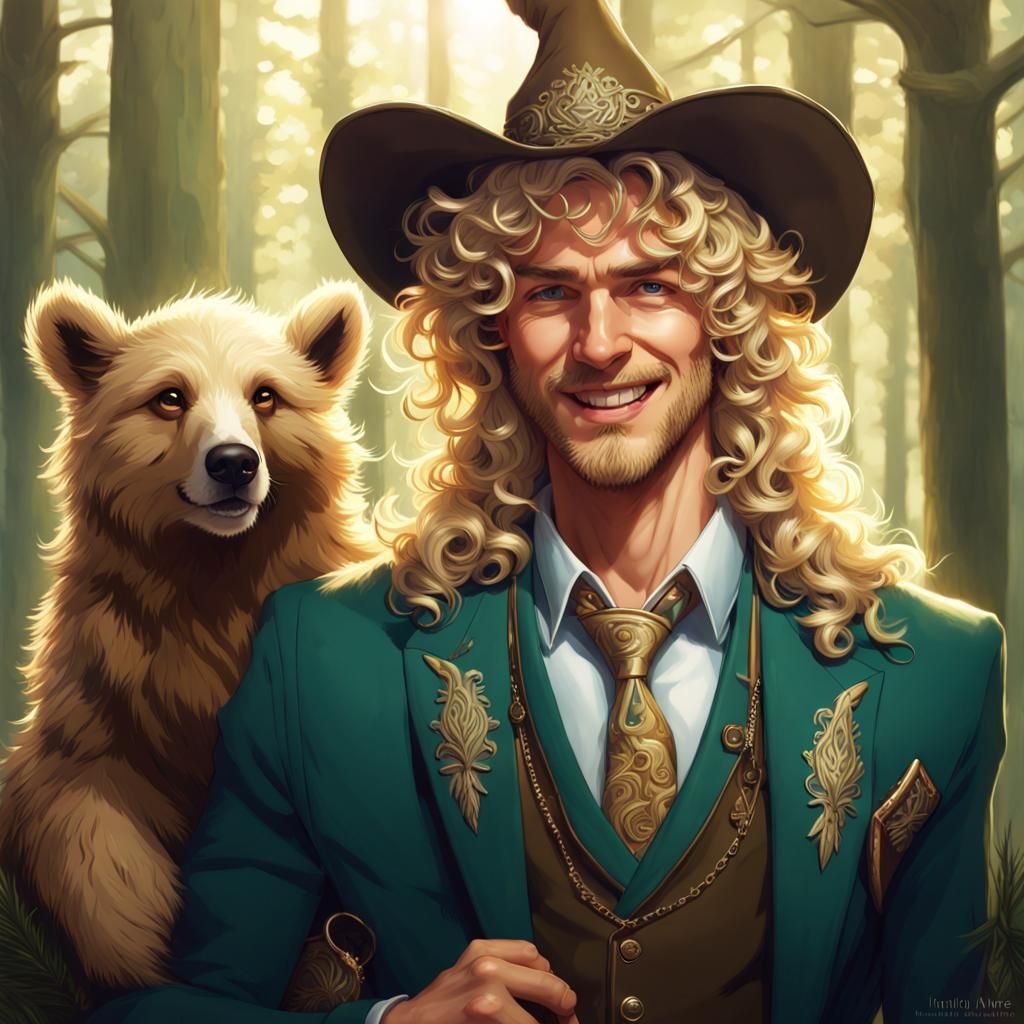 Handsome Man with Pets in Sunlit Forest, Art Nouveau