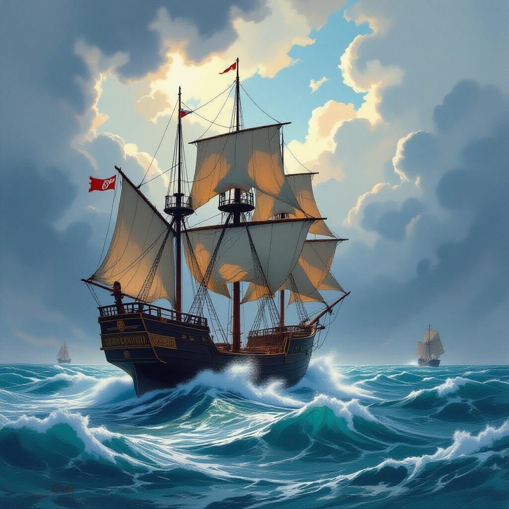 Ancient Ship in Stormy Seas, Cinematic Style