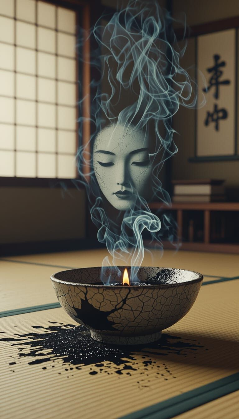 Cinematic Incense Smoke Face in Japanese Interior