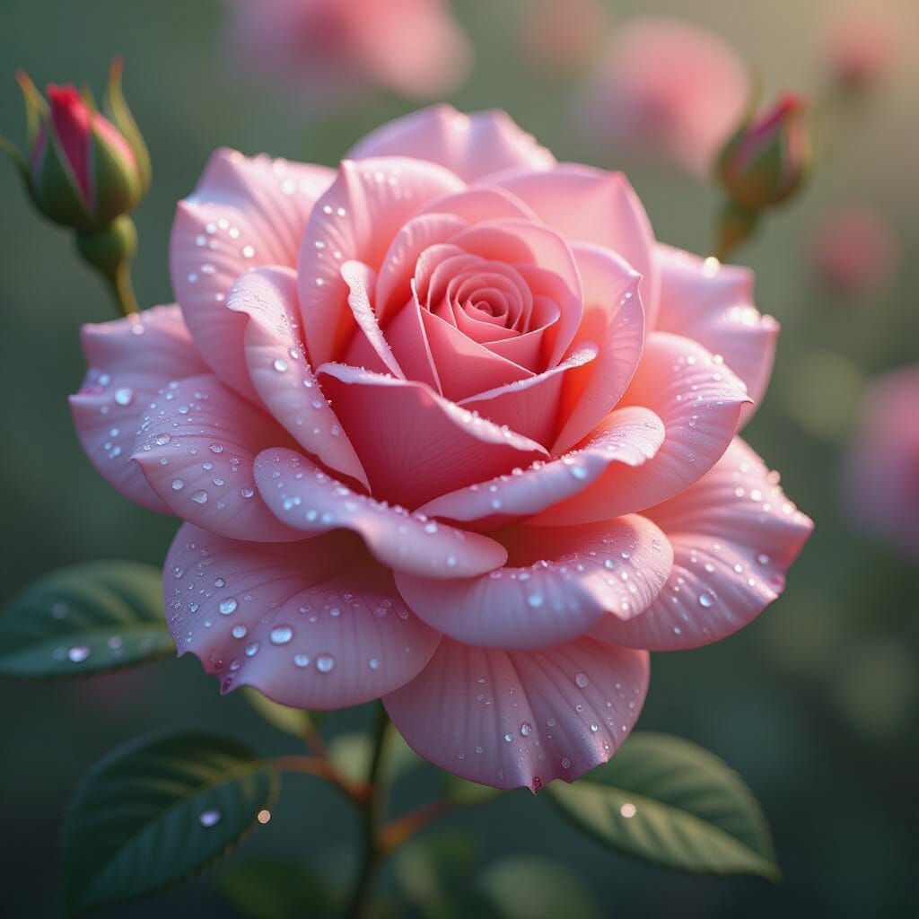 Photorealistic Rose with Dew Drops in Matte Painting Style