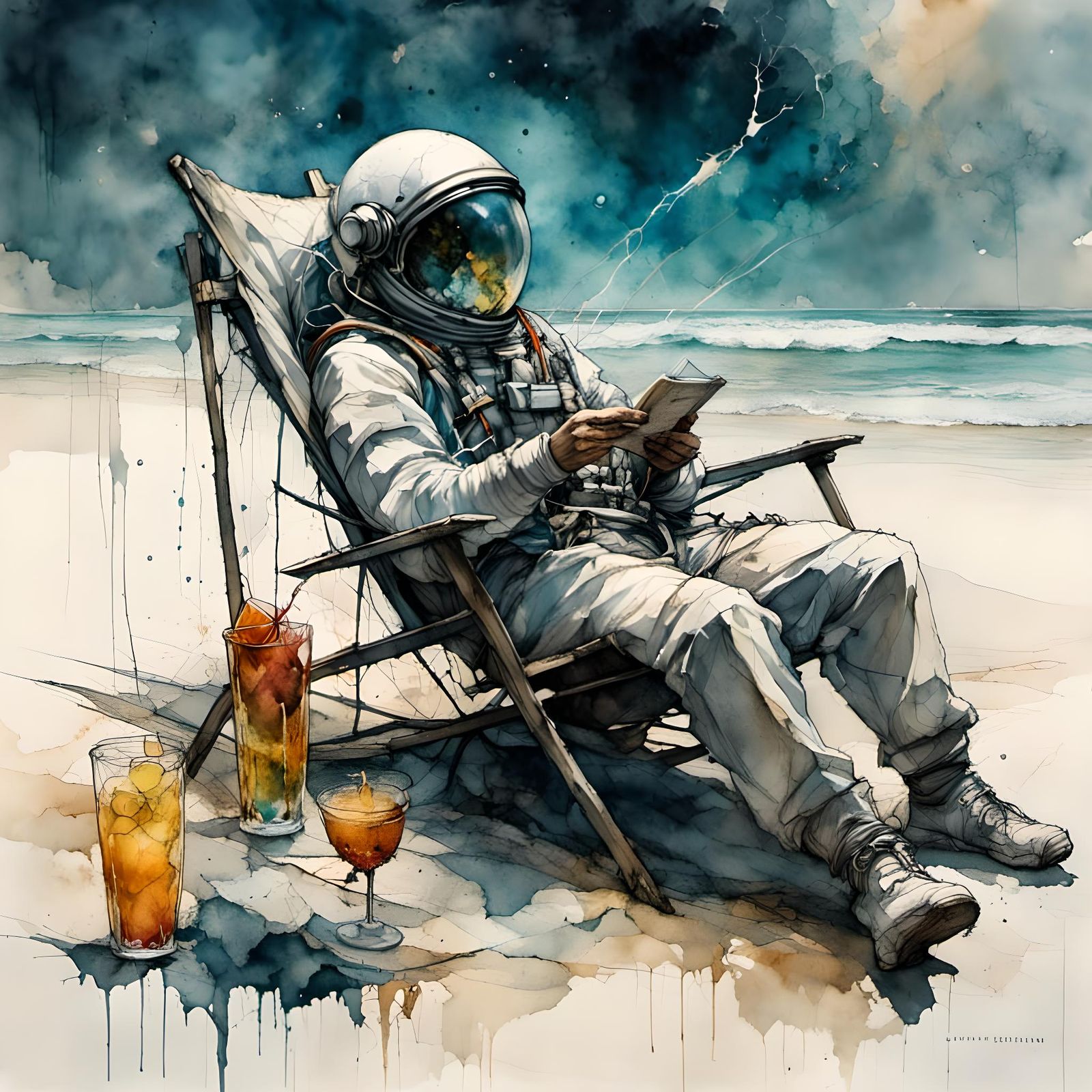 Astronaut Relaxing on Beach with Cocktail
