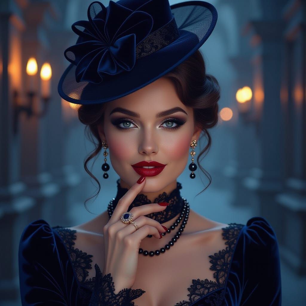 Woman in Indigo Velvet and Lace, Oil Painting Style