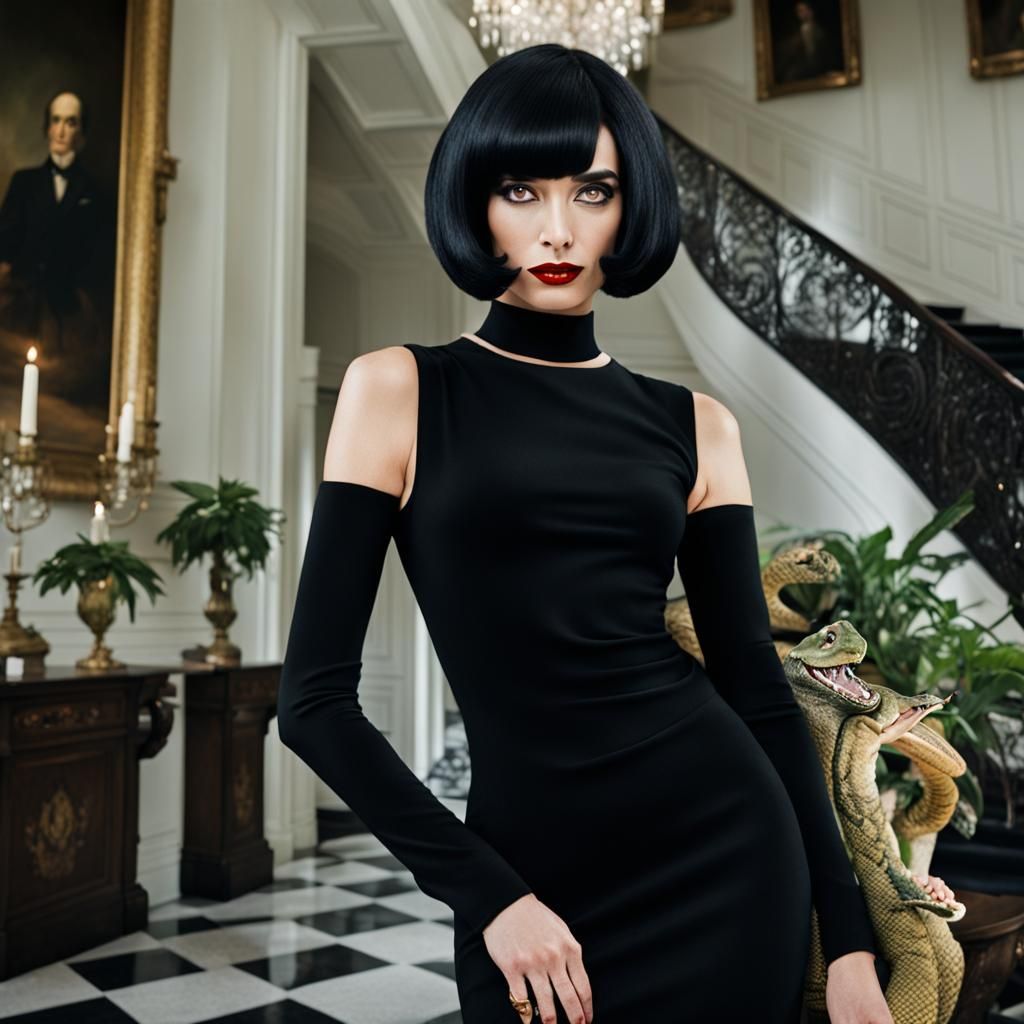 Reptilian Woman in Black Dress, Noir Comic Art