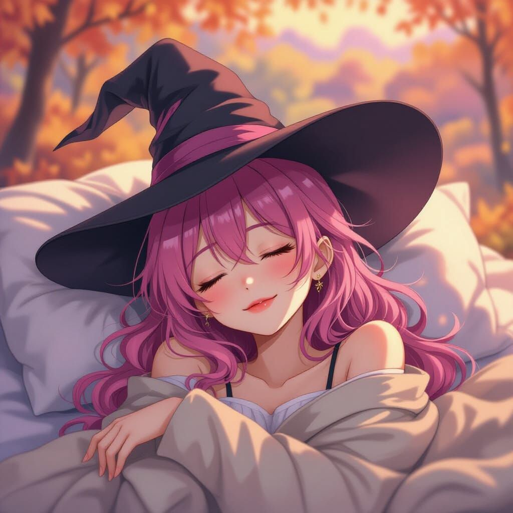 Anime Witch Sleeps in Autumn Morning Landscape