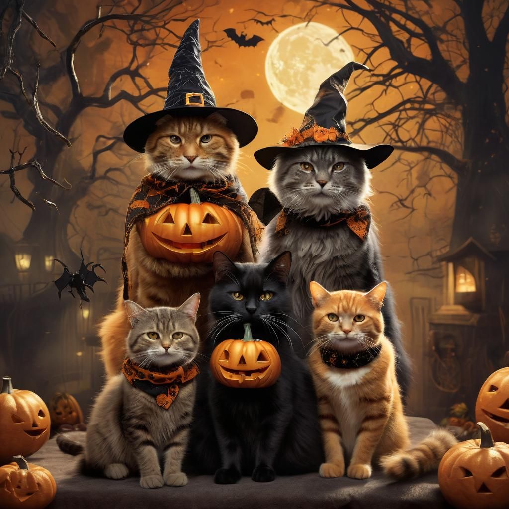 Mystical Halloween Felines in Gothic Illustration