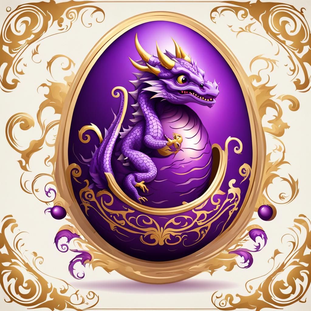 Cute Purple Dragon Hatching, Gold Trimmed Frame