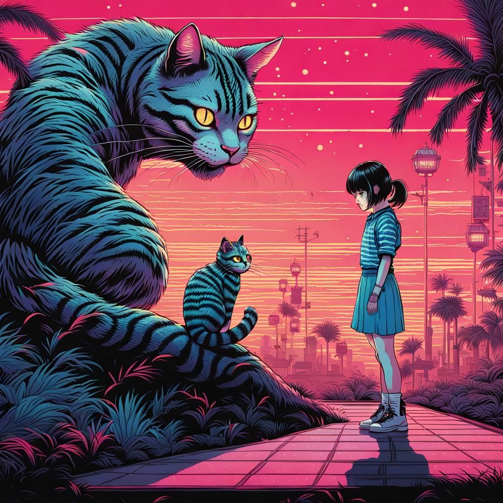 Cyberpunk Alice Meets Cheshire Cat in Retro-Futuristic Scene