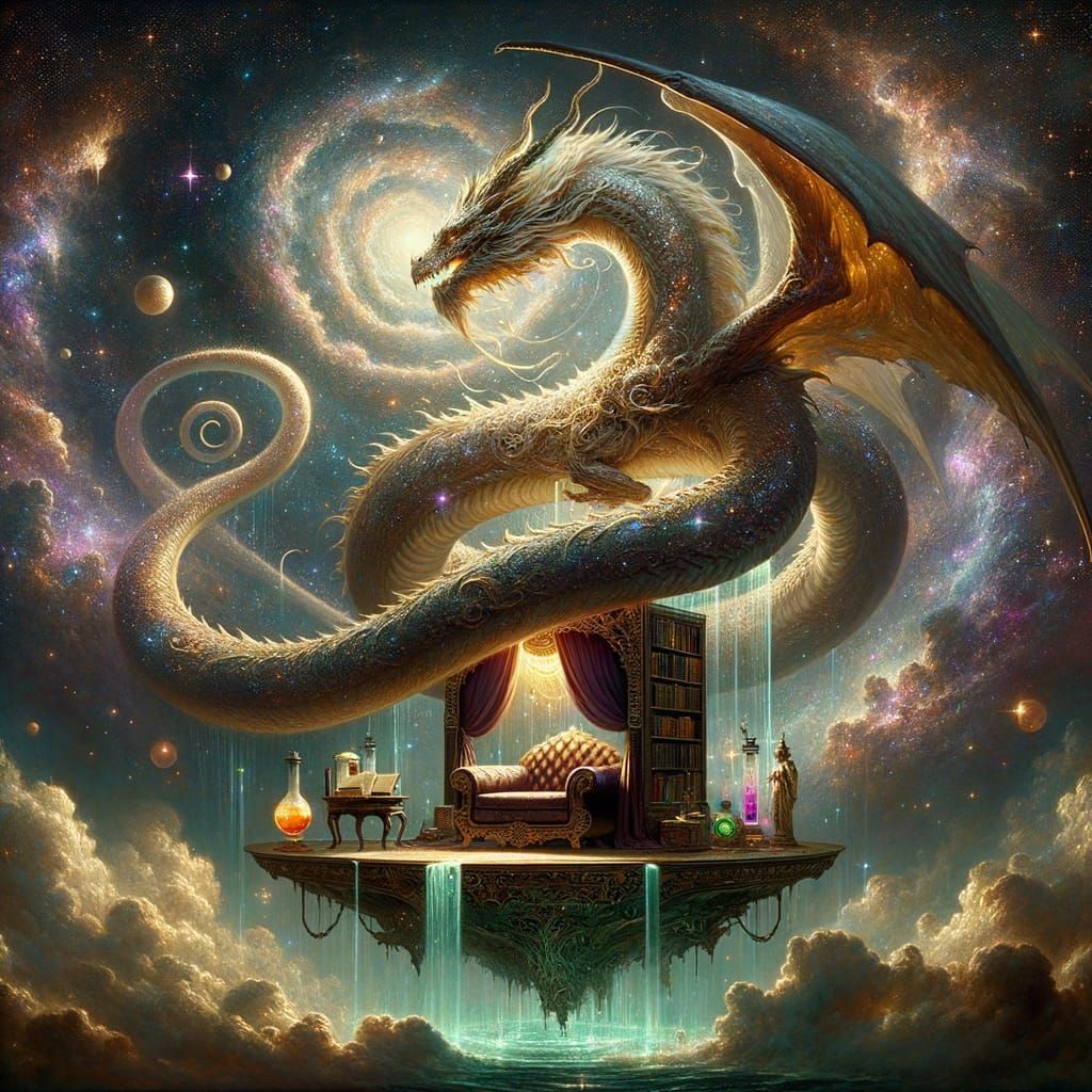 Cosmic Dragon Reading Nook in Surreal Digital Art