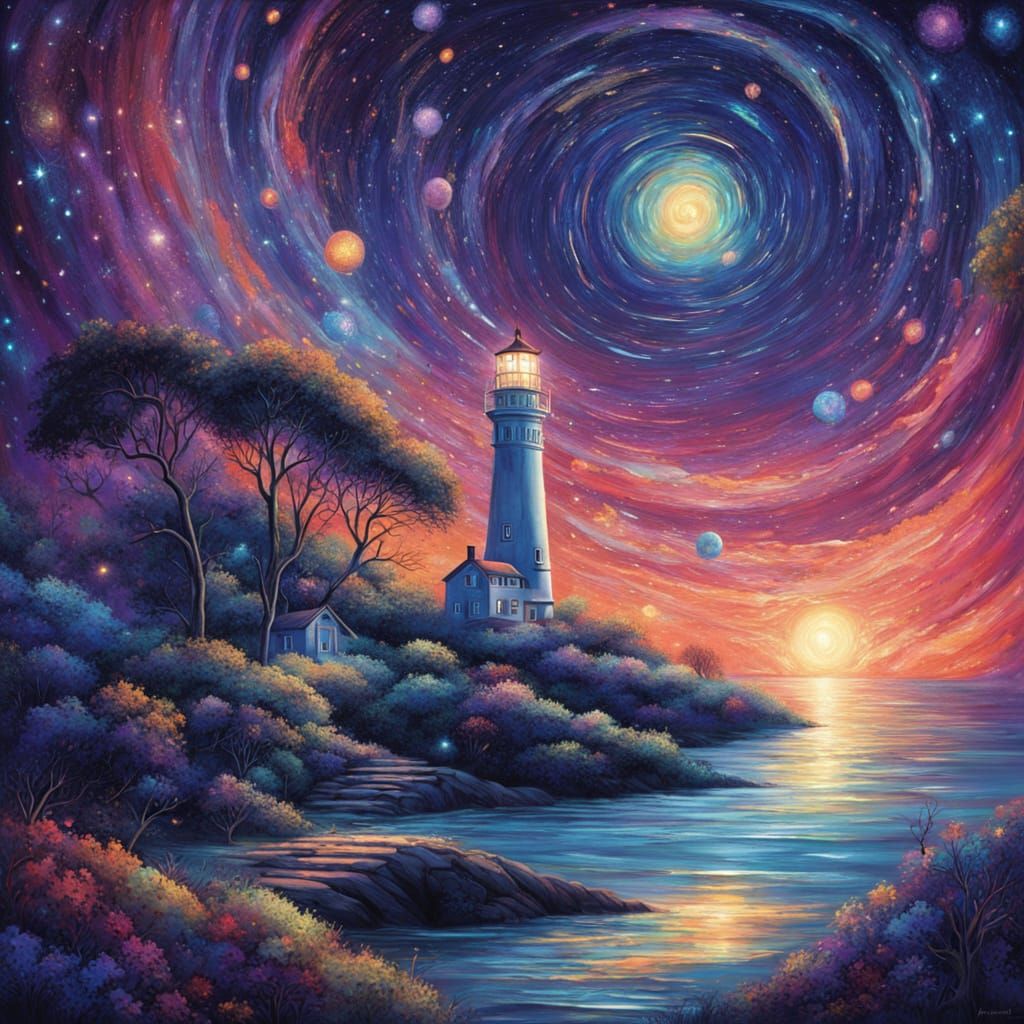 Surreal Lighthouse Illuminates Starry Night Sky in Vibrant C...