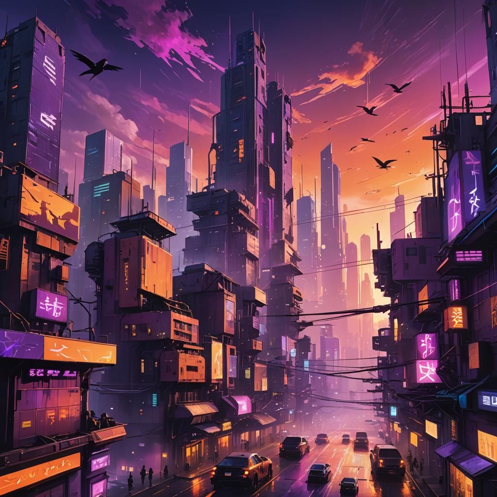 Cyberpunk Cityscape at Sunrise: Vibrant Digital Painting