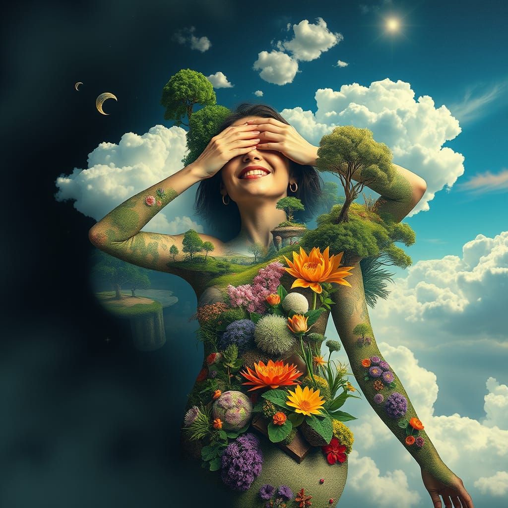 Surreal Bio-Art Collage: Woman as Interconnected Ecosystem