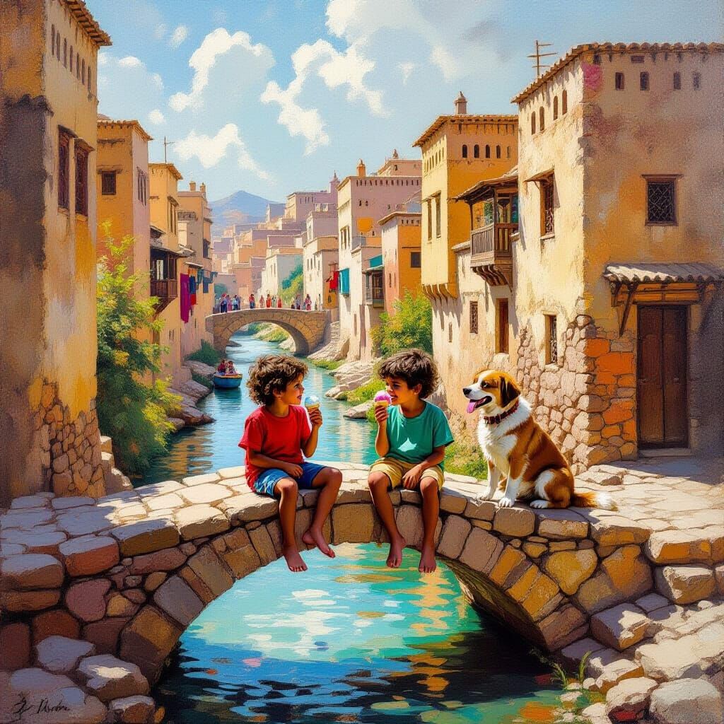 Baroque Moroccan Village Scene with Children and Dog