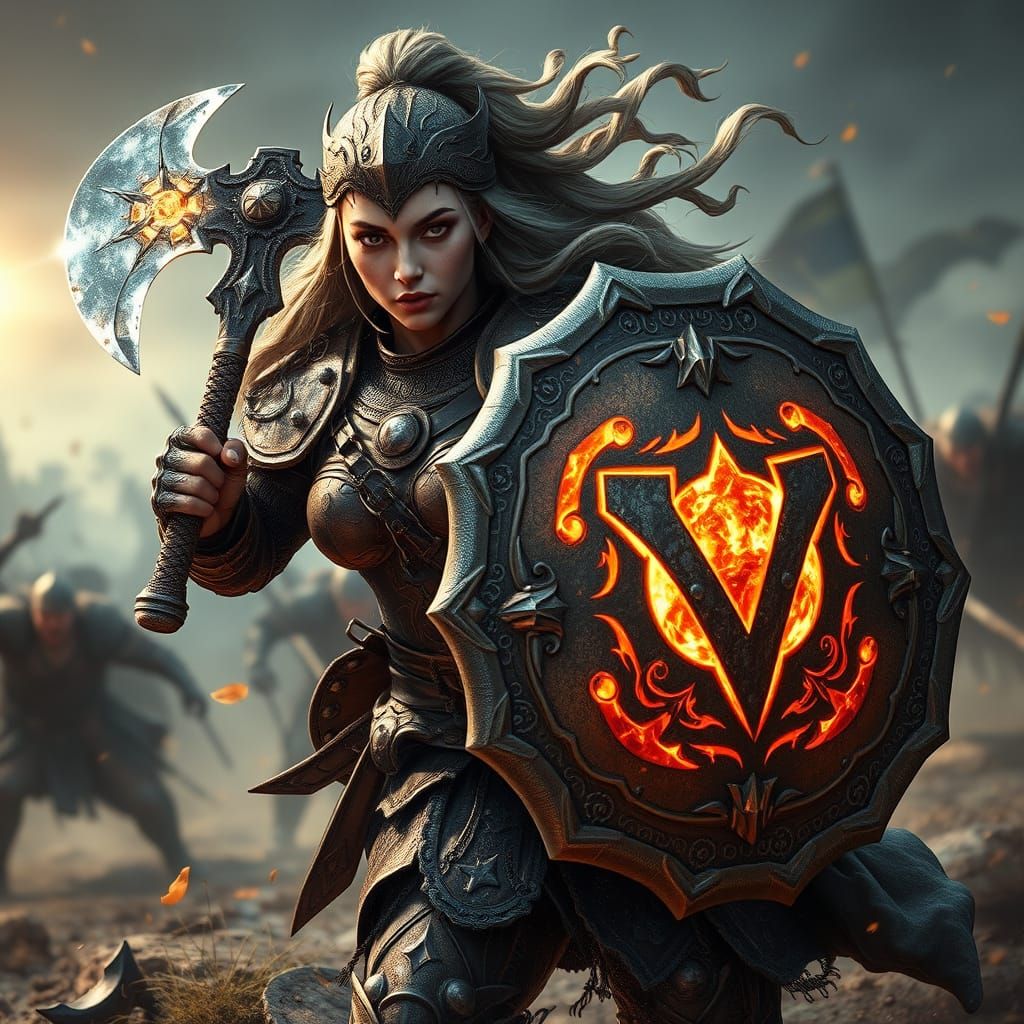 Viking Warrior Goddess in Battle with Glowing Axe and Shield