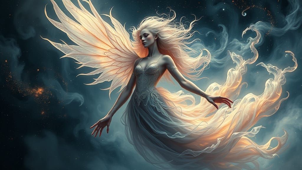 Whimsical Celestial Being in Iridescent Attire