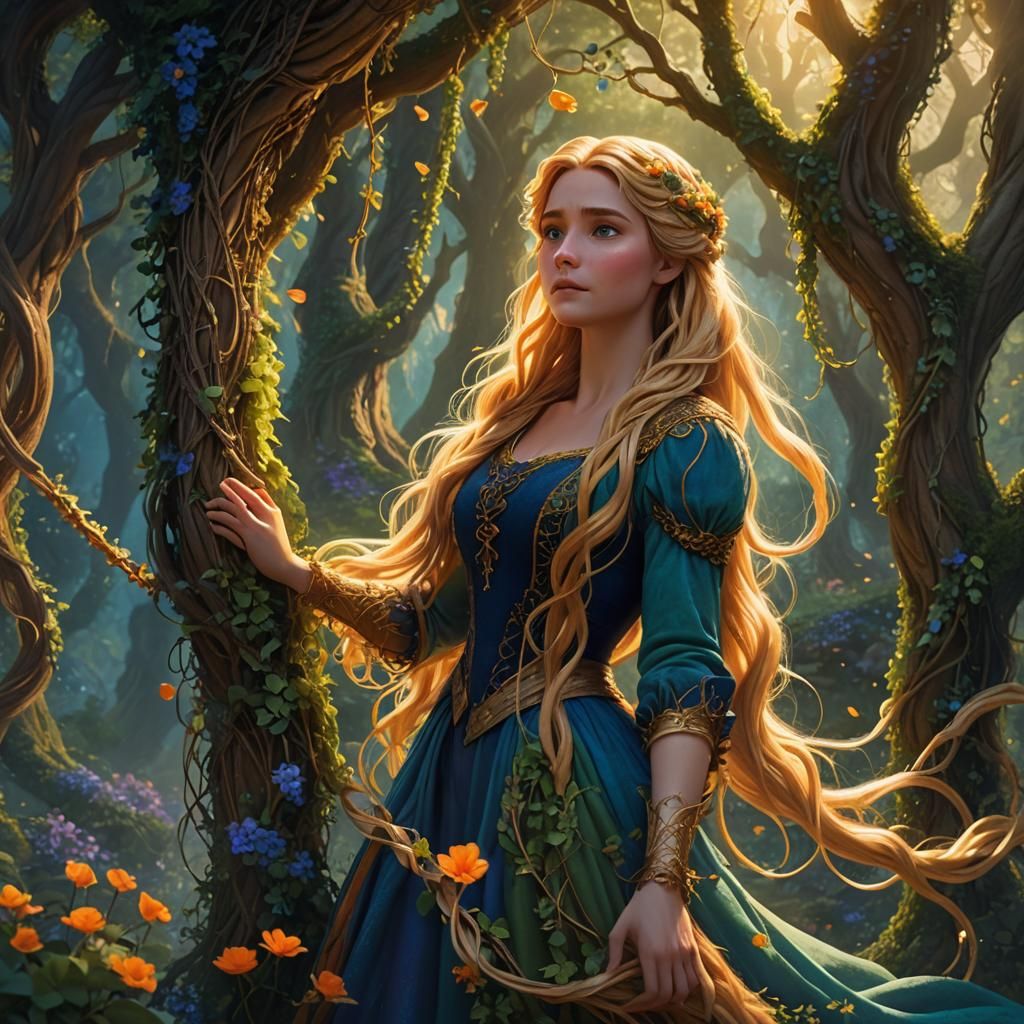 Rapunzel in Mystical Forest: Fantasy Concept Art