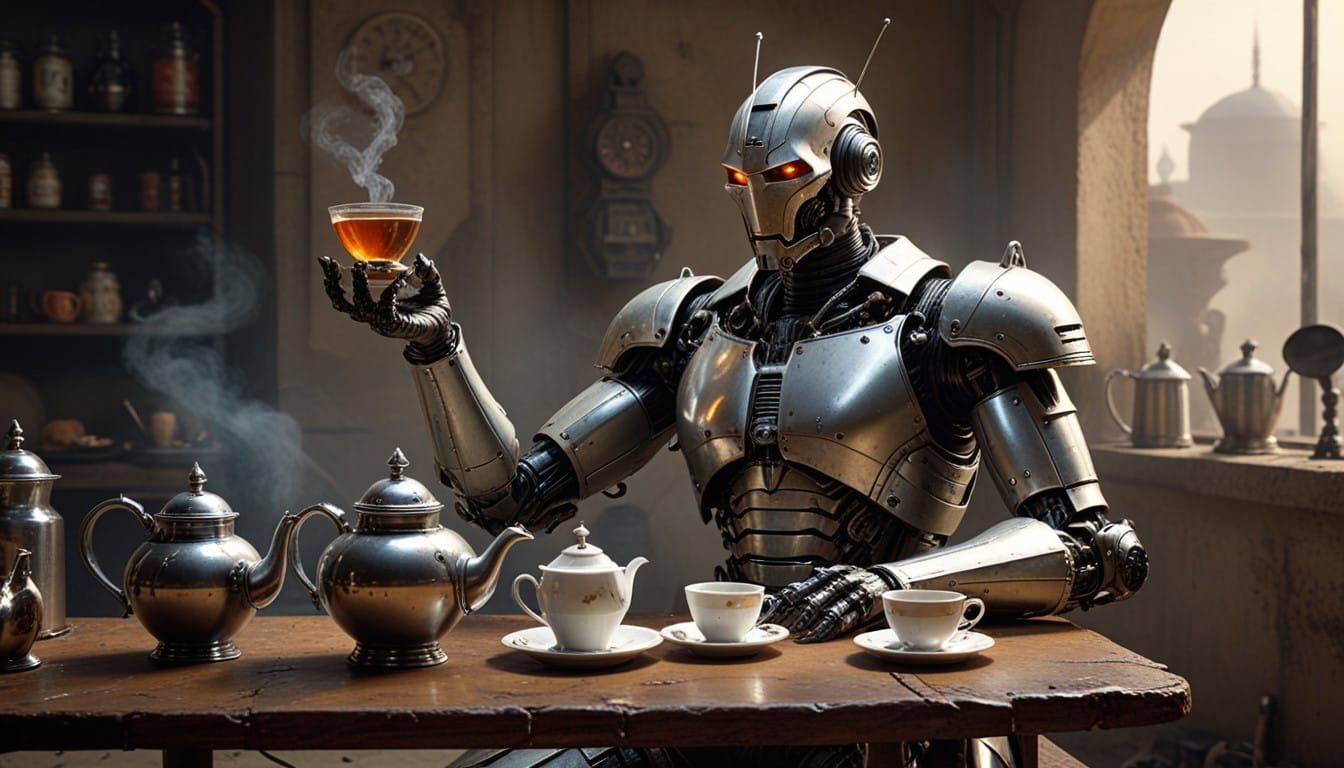 Cyberpunk Butler Serves Tea on a War-Torn Battlefield
