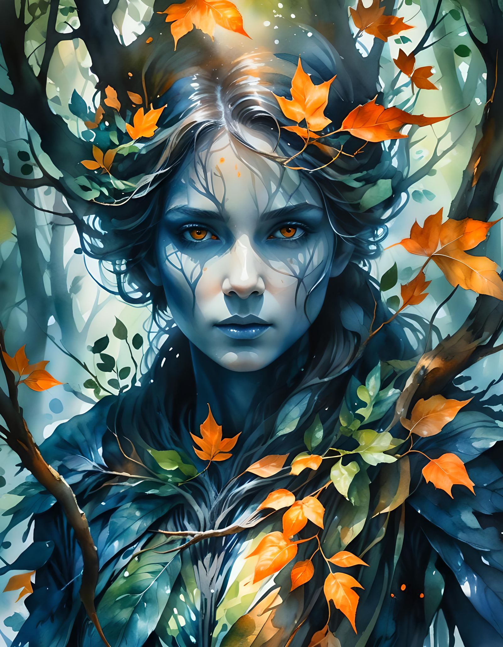 Watercolor Portrait in Deep Forest: Fantasy Art