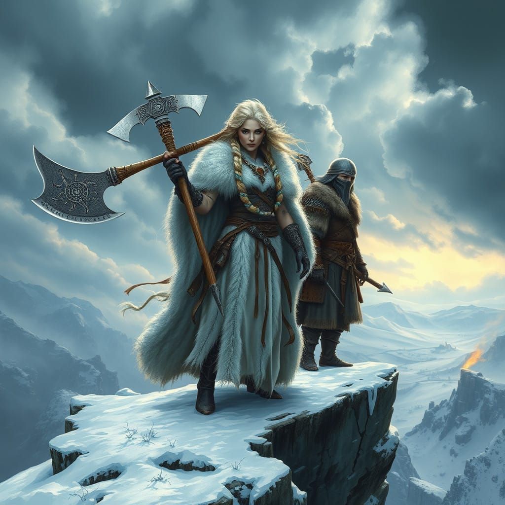 Ethereal Wind-Sung Clan Members atop Snow-Covered Cliff Edge...