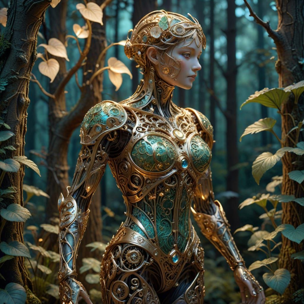 Clockwork Automaton in Bioluminescent Forest at Twilight