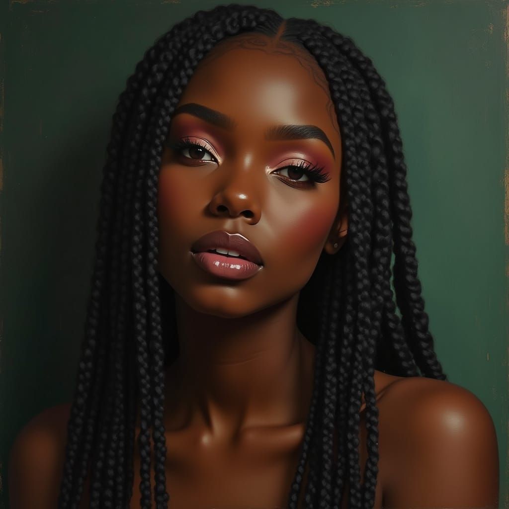 A Black Woman in Oil Painting Style with Box Braids and Vibr...