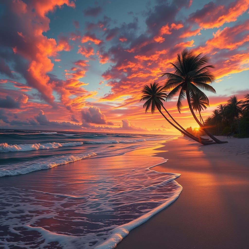 Hyperrealistic Beach Sunset in Romantic Painting Style