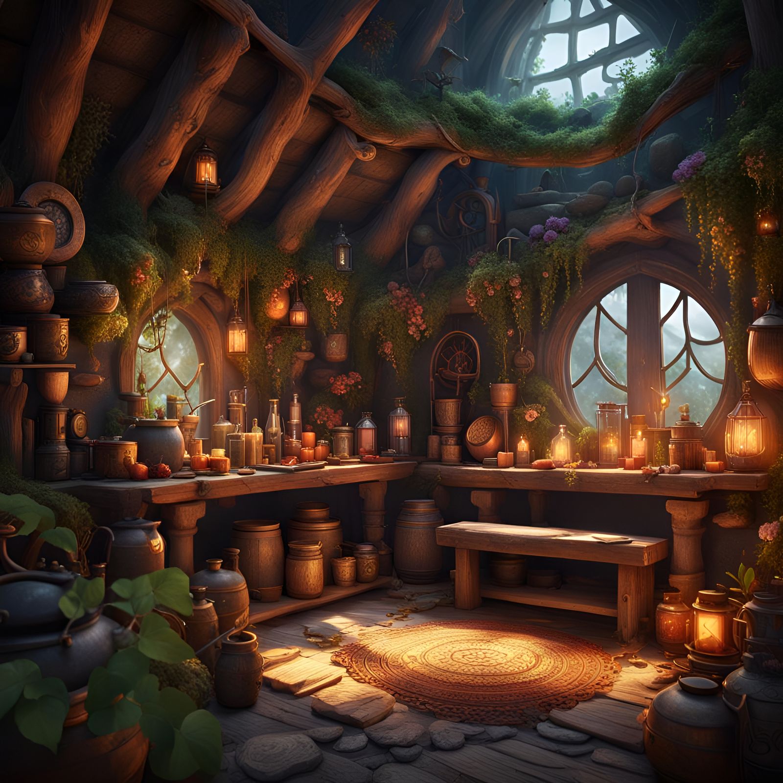 Mystical Druid Hut Interior in Detailed Matte Painting